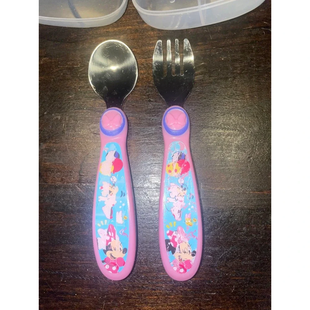 Disney Minnie Mouse Toddler Utensil Set Spoon Fork Travel Case Pink‎ Blue
